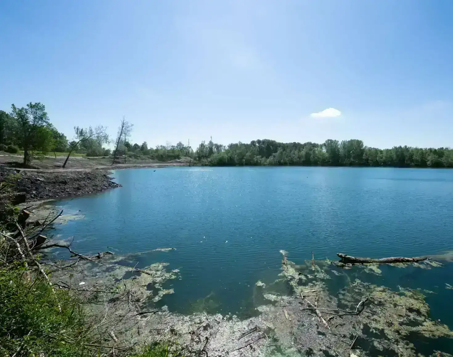 Das Bild zeigt einen Teich bei der Baustelle des Kraftwerks Abwinden-Asten vor strahlend blauem Himmel.